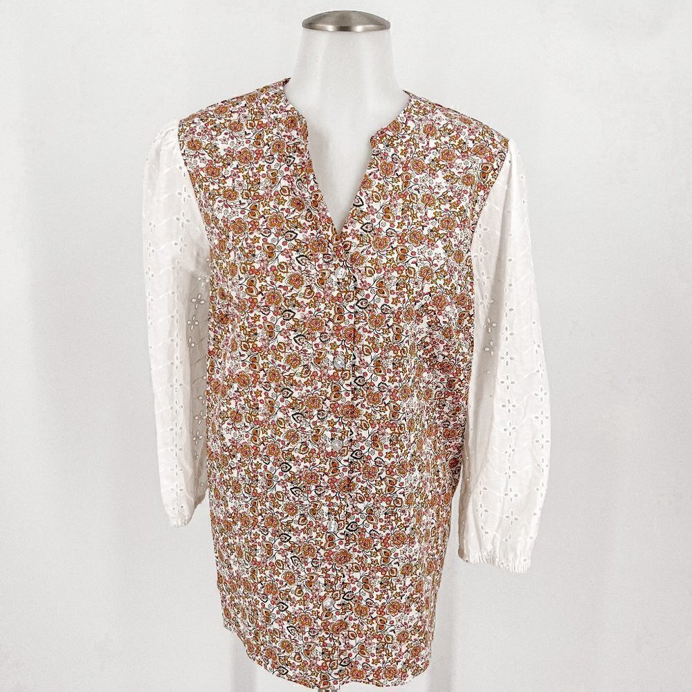 HALSTON Embroidered Eyelet 3/4 Sleeve Blouse In Floral Pink